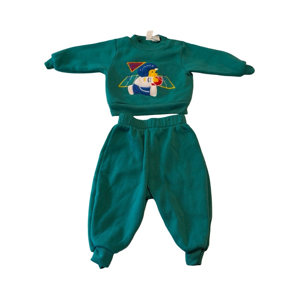 Vintage Little Miracles Teal Football Bear Tracksuit Set 6-9M Sweatshirt Pants